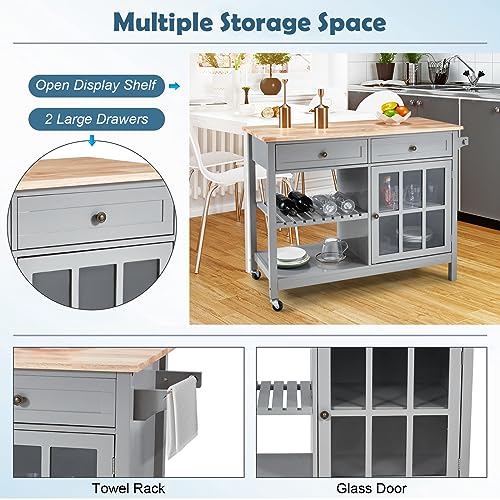 AVAWING Rolling Kitchen Island Cart with Storage, 42\" Width Kitchen Cart w/ 2 Wheels, Coffee Cart with Drawers & Openshelves & Glass Cabinet & Towel Rack, Portable Islands, Grey - Thumbnail 3