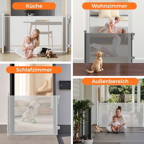 Allyson® Treppenschutzgitter Ausziehbar, Türschutzgitter bis 140 cm Treppengitter für Kinder & Haustiere, Kinderschutzgitter 85 cm Höhe, Haustierschutzgitter Einziehbar, Verstellbar & Stabil – Weiß