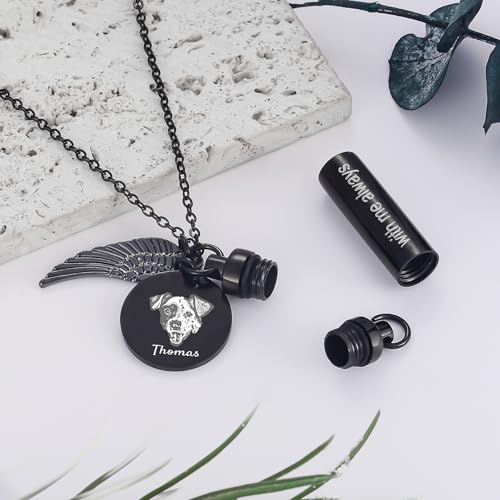 Custom Cylindrical Stainless Steel Necklace, Personalized pet name and portrait,Urn Pet Ashes Burial Jewellery,Memorial Pendant with Angel Wings,"with me always" Keepsake for Dog & Cat Lovers2