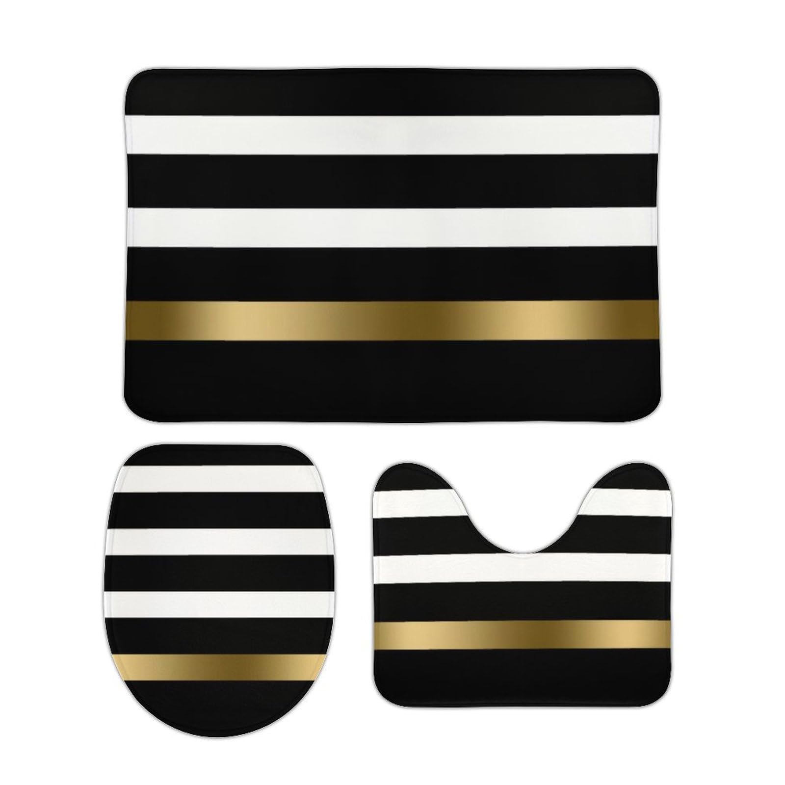 Curdesi 3 Pieces Bath Rug Sets, Black and White Stripes Pattern Gold Bathroom Mat Set Non Slip U Shaped Contour Rug & Toilet Lid Cover