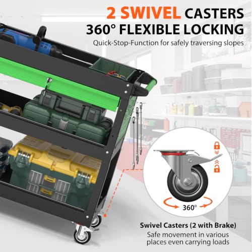 Image of 3 Tier Heavy Duty Rolling Tool Cart with Drawers, Large Storage Utility Cart on Wheels for Garage, Warehouse, Repair Shop (Black&Green)