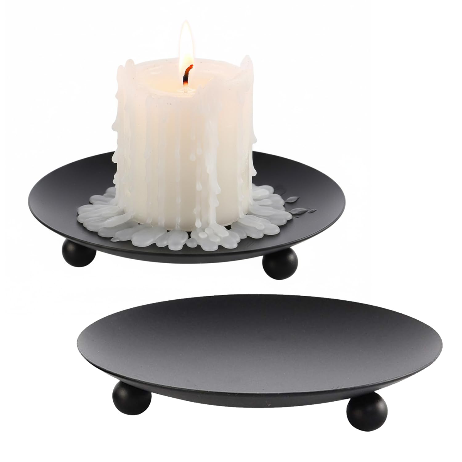AMERTEER Iron Plate Candle Holder Set 2, Metal Pedestal Candle Stands for Pillar Candles 4.3", Decorative Candle Plates for Table Home Decor, Wedding, Housewarming, Spa & Party (Black)