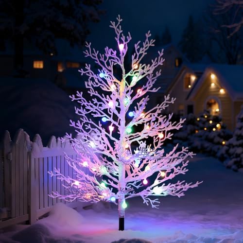 Brightever 3FT Small Christmas Tree with Lights, Pre-lit Mini Christmas Tree Outdoor, White Branch, 40 RGBW LED Bulbs, 8 Lighting Modes, Waterproof Battery Operated Xmas Decor for Outside, Garden