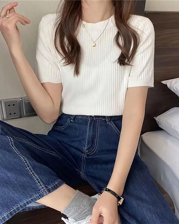 Image of Slim Fit Plain Stretchable Round Neck Rib Knit Short Sleeve Regular Top for Women | T Shirt | Tee