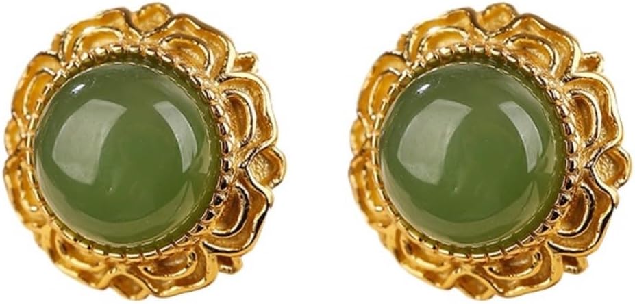 14K Gold Hollow Flower Jade Stud Earrings for Women, Unique and Artistic Accessory, Lovely Gift for Her on Valentine's Day
