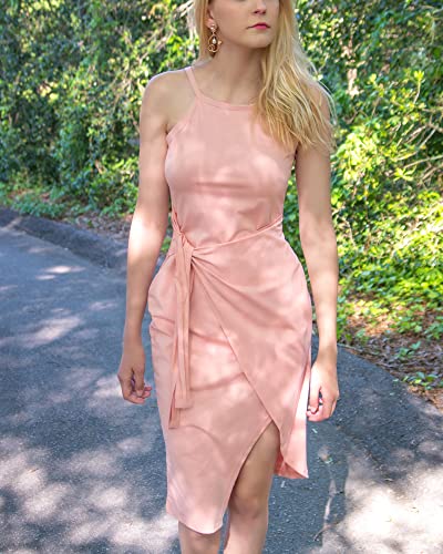 Image of NOLLSOM Women Casual Sleeveless Striped Tank Midi Dresses Halter Neck Ruched Bodycon Dresses Tie Waist T Shirt Summer Dress