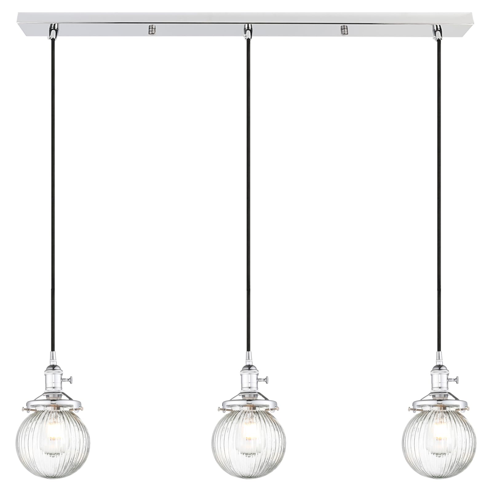 Yosoan Industrial Glass 3 Pendant Lights, 3 Heads Hanging Ceiling Lights with Ribbed Lampshade for Dining Room Kitched Living Room