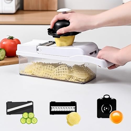 Miniatura 5 de Solupack360 Cortador De Verduras 23 En 1 Profesional Mandolina Manual Multifuncional Con Cuchillas De Acero Inoxidable, Rallador, Espiralizador, Picadora, Pelador, Contenedor Y Accesorios