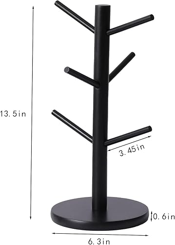 Miniatura 3 de Ahyuan Estante de madera de bambú para tazas de café, té y café, organizador con 6 ganchos extraíble para tazas de bambú (negro, madera)