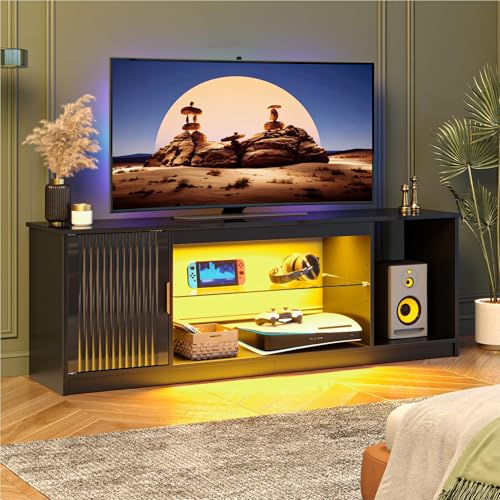 Bestier Meuble TV pour téléviseur 65 Pouces,Centre multimédia Gaming avec Support cannelé Brillant pour PS5 et Xbox,Console TV avec étagères en Verre...