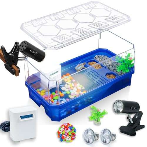 Binano Aquatic Turtle Tank Habitat Kit Stone+Filter+Heat Lamp Enhancing Interaction with 360° Viewing, Standalone Filtration, DIY Creative Zone, Enriched Living (Blue, Medium[with Light])