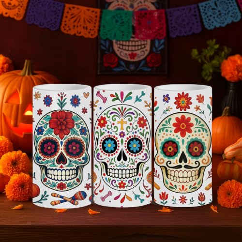 Image of Dia De Los Muertos Flameless Candles with Timer Remote 3 Pack | Halloween Flameless LED Candle Battery Operated Sugar Skull Day of The Dead Decoration