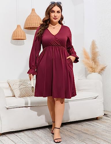 Image of ShopWonder Plus Size Dress Women's V Neck A-Line Knee Length Wrap Swing Dresses Plus Size A Line Party Mini Dress