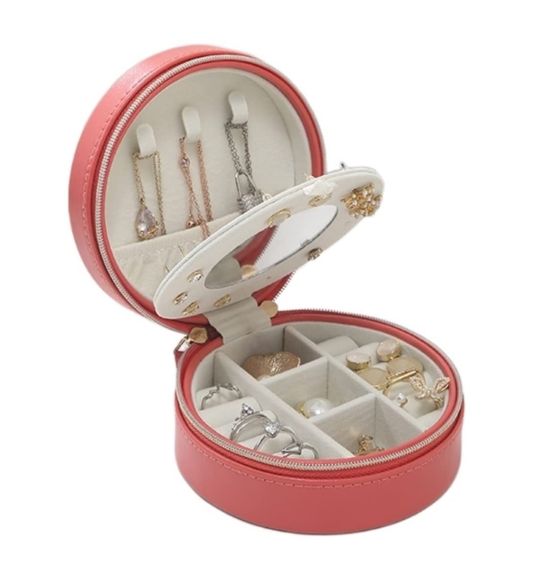 Schmuckschatulle, kleine Reise-Schmuckschatulle, runde Schmuckaufbewahrungsbox, PU-Leder, Organizer, Display, Aufbewahrungskoffer für Ringe, Ohrringe, Halsketten, Schmuckschatullen, Geschenk (Farbe: R