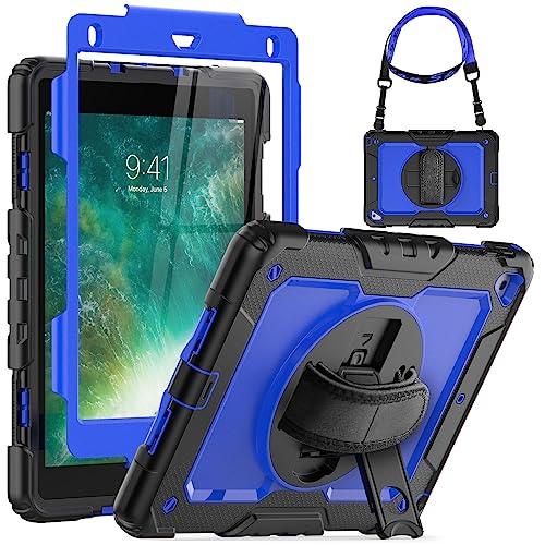 SEYMCY for iPad Air 2 Case/iPad 6th 5th Generation Case/iPad Pro 9.7 Case Full-Body Protective Heavy Duty with 360 Degree Rotating Strap Stand/Pen Holder/Screen Protector - Black/Blue