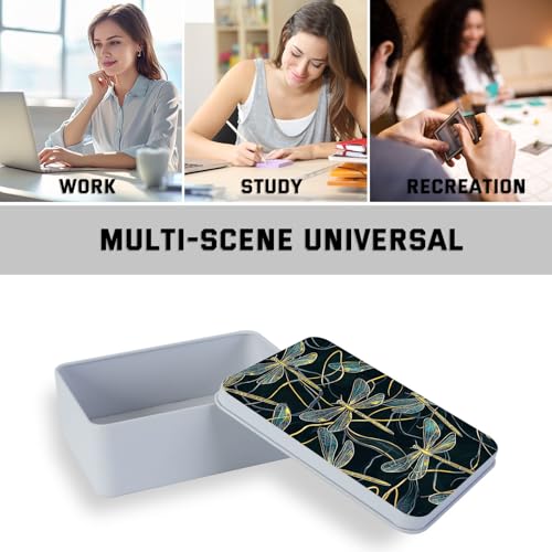 Image of Metal Tin Box with Lid,Multi-functional Storage Box Can Store Tea Biscuits Game Cards, Playing & Tarot Cards-Comes with 4 Magnetic Cord Clips,Golden Dragonflies Pattern