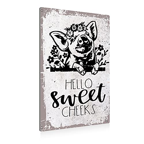 BEASTZHENG Funny Hello Sweet Cheeks Pig Flower Bathroom Metal Tin Sign Wall Decor Farmhouse Bathroom Quote Tin Sign for Toilet Restroom Washroom Decor Gifts