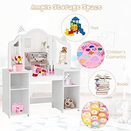 Mat Expert Kids Vanity Table Set With Tri-Folding Mirror, Pretend Play Dresser W/4 Storage Shelves, Princess Vanity W/Detachable Plastic Mirror, Wooden Prince Makeup Dressing Table For Girls (White) #TOP2