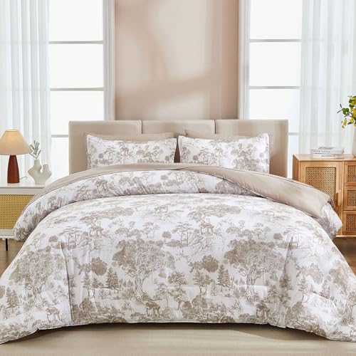 Image of DJY Khaki Comforter Set Full Size,7 Pieces Bed in a Bag Botanical Comforters with Sheets Elegant Plants Print Soft Microfiber Reversible Complete Bedding Sets for All Season