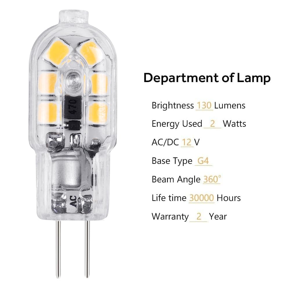Vicloon G4 LED-lamp, [pak van 10] LED-lamp G4 LED-lamp transparant warm wit 2W 130lm vervanging voor 15W halogeenlampen 12V AC/DC, 3000K, 360 graden stralingshoek gloeilamp