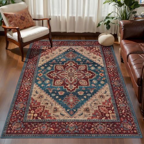Image of Tangsoo Oriental 3x5 Rugs, Washable Non Slip Accent Rugs for Entryway Red