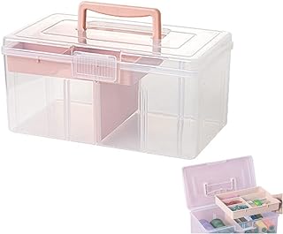 Clear Plastic Office Supply Art & Craft Storage Box, Sewing Box Organiser Large with a Removable Tray & Adjustable Partition, Portable Travel Makeup Case (Clear & pink)