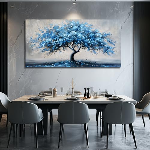 KELIYUAN Canvas Wall Art For Living Room Framed Wall Decorations For Bedroom Office Wall Decor Abstract Painting Blue Tree Pictures Artwork Ready To Hang Guesthouse Room Mural Home Decor 20x40 In