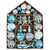Valery Madelyn Summer Tree Ornaments, 45ct Teal Aqua Blue Shatterproof Nautical Beach Coastal Decor, Ocean-Themed Christmas in July Tree Decorations, Hanging Starfish Octopus Shark for Tropical Party