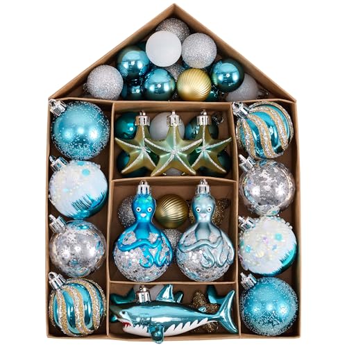 Valery Madelyn Summer Tree Ornaments 45ct Shatterproof Nautical Beach Decor Nautical Ocean-Themed Coastal Christmas in July Tree Decorations, Starfish, Octopus and Shark for Tropical Party