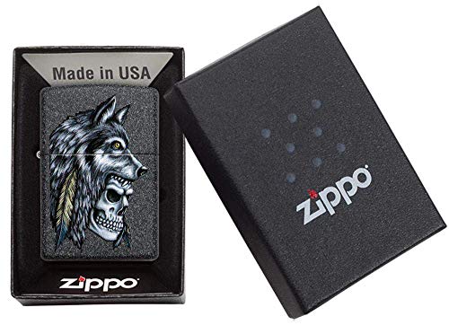 Image of Zippo Wolf Skull Feather Design Iron Stone Pocket Lighter