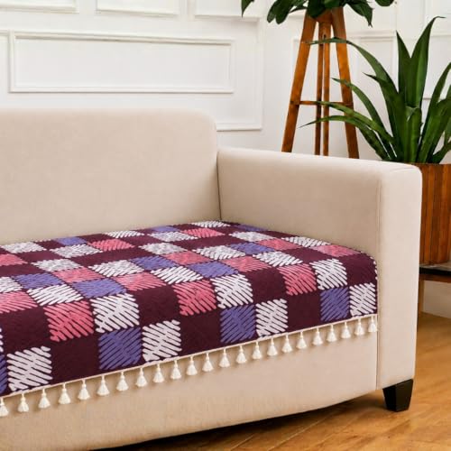 Image of STITCHNEST 'Frostvine Collection' 3 Seater Sofa Cover| Cotton Quilted Fabric, Decorative Tassels, Washable & Durable for Modern Living