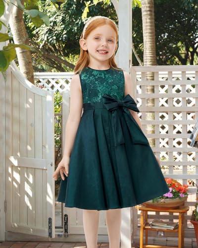 Girls Dress Sleeveless Floral Embroidery Empire Dress Holiday Dark Green Poster Dress2