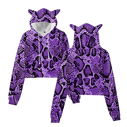 Siaoma Snake Leopard Print Crop Top Hoodie Women's Cat Ear Hoodie Sweater(Snake Purple,X-Small) #TOP2