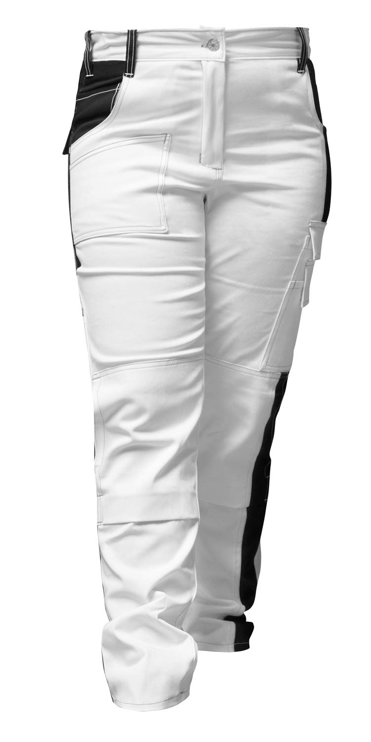 strongAnt® - Pantalon de Peintre élastique, Pantalon de Travail Femme Blanc, Poches pour genouillères, Fermeture éclair et Bouton métallique - Blanc-Noir Couture Blanche 36