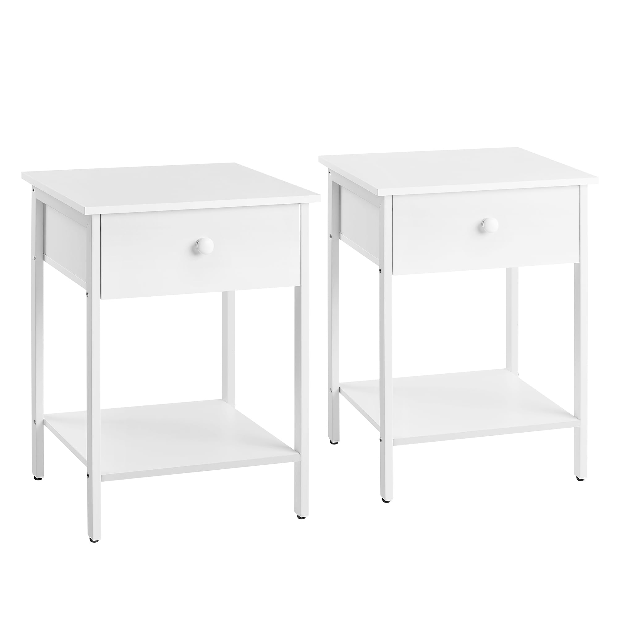 VASAGLE Mesitas de Noche, Juego de 2, Mesas Auxiliares con Cajón y Estante, 40 x 40 x 55 cm, para Dormitorio, Salón, Fácil de Montar, Marco de Acero, Diseño Moderno, Blanco Mate LET506W14