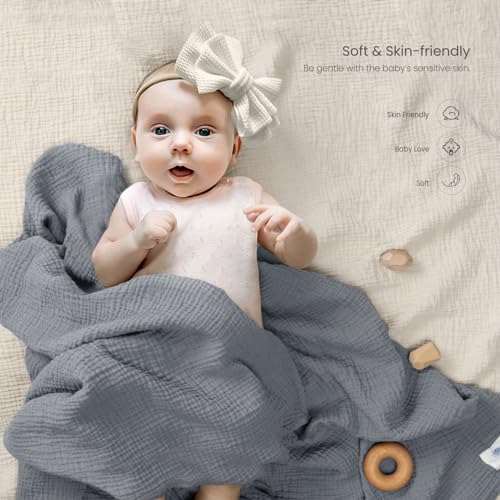 lulumoon Muslin Swaddle Blanket Baby - Cotton Swaddling Blanket Soft Baby Receiving Blankets Neutral 3Pack(Grey+Green)