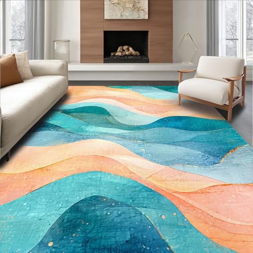 Image of Design&I Area Rug 6x9, Coastal Sunset Watercolor Abstract with Aqua and Coral Swirl, Machine Washable, Stain Resistant Indoor Rug for Living Room, Bedroom, Non Slip(Orange, 6x9)