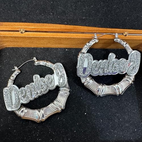 MIRROR MANIA Custom Name Plate Jewelry Set | Name Plate Necklace and Bamboo Hoop Earrings | Gold or Silver | Silver Diamond Script Letters | Background Color Choice | Crafted in CT, USA.3