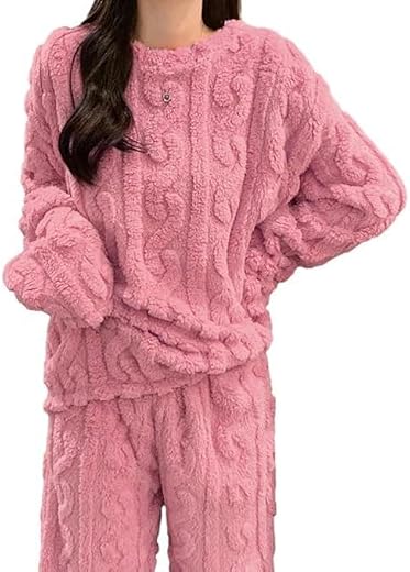 Cigain Women's Fur Long Sleeve Nightsuit Set | Regular Fit Warm Top and Pyjama Set | Winter Wear Sweatpant Set for Women
