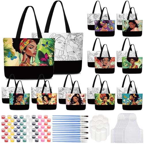 Locmeo 10 Set Pre Drawn Canvas Bags Set Paint and Sip Kit for Adults Painting DIY Tote Bags Making Kit with Paintbrushes, Paints, Apron, Palette for Painting DIY Party Women Adults(Afro Queen)