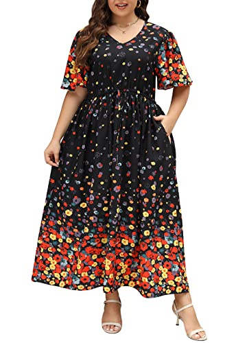 Image of Nemidor Womens Plus Size Maxi Dress Summer Boho Sundress Floral Print Flared Casual Long Dresses with Pocket