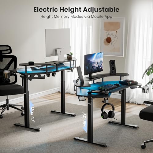 Image of EUREKA ERGONOMIC Aero 55 Inch W Shaped Electric Standing Desk, Height Adjustable Computer Gaming Desk with LED Monitor Shelf, Mouse Pad, Headphone Hook, Cup Holder, Carbon Black