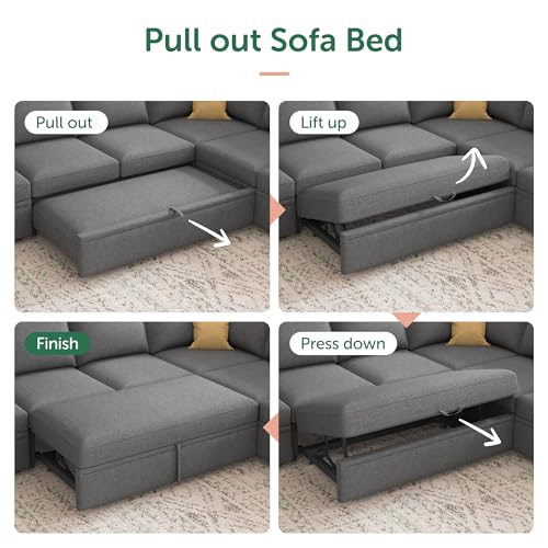 Image of HONBAY Modular Sectional Sleeper Sofa Bed, Sectional Couch with Pull Out Bed U Shaped Modular Couch with Storage Ottoman for Living Room, Dark Grey