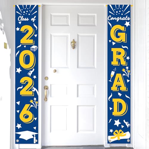 Image of Graduation Porch Banner Class Sign Congrats Grad Hanging Flags High School College University Party Decoration For Front Door Outdoor Blue Yellow