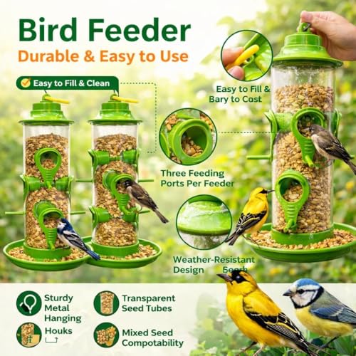 Image of rizopets Hanging Need Hut Shape Bird Feeder,6 Feeding Nozzles Green, Transparent Tube,Perch Feeder for Outdoor Garden,Balconies Pack of 2