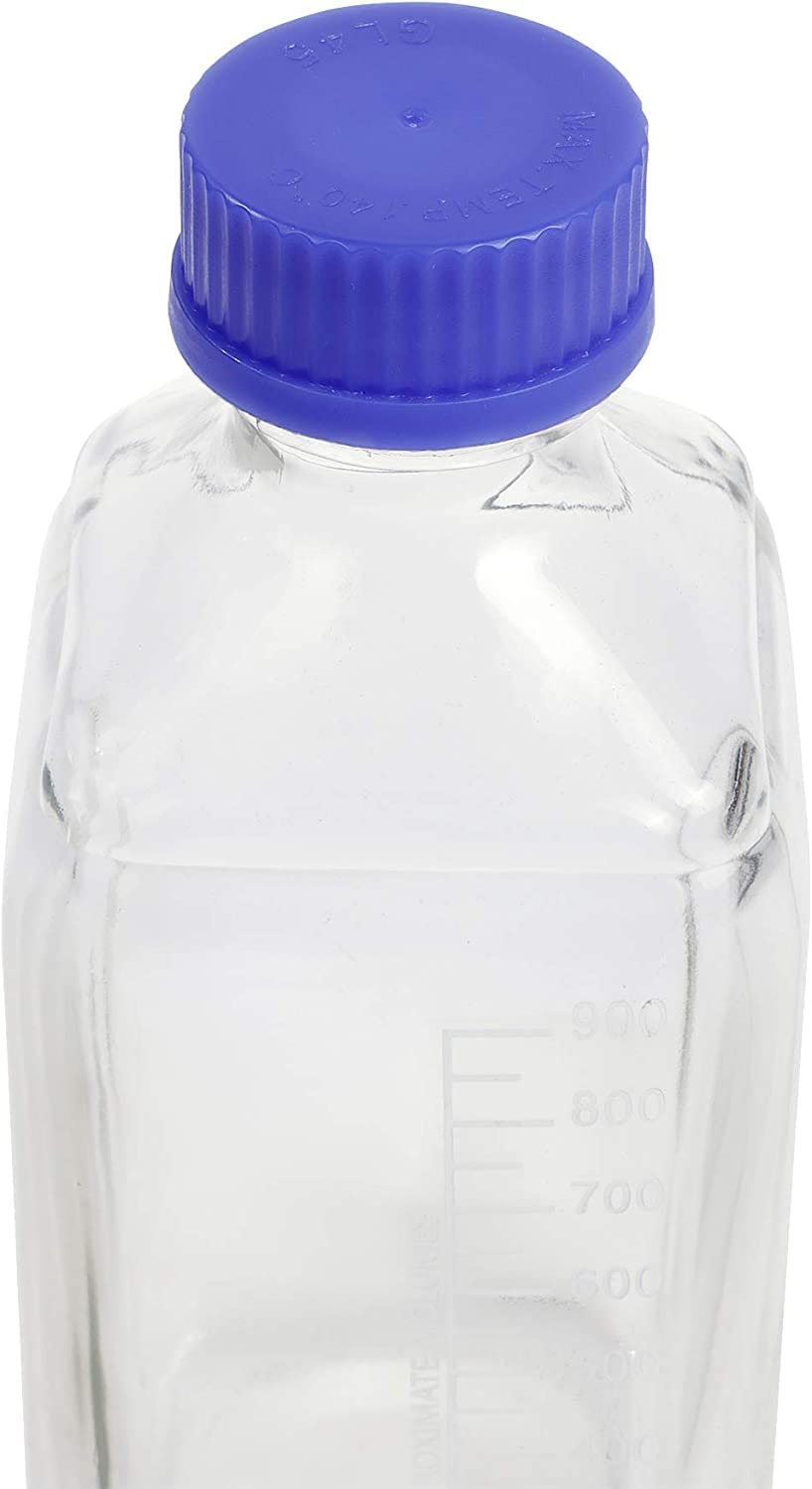 Lab Media Storage - Botellas cuadradas de vidrio graduado GL45, tapa de rosca a prueba de fugas, multiusos para científicos, paquete de 4 (azul, 1000 ml)
