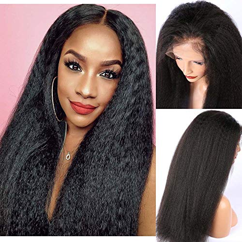 ALYSSA 360 Lace Front Human Hair Wigs With Baby Hair 150% Density Kinky Straight Lace Frontal Wig Brazilian Remy Hair Pre Plucked Hairline (16inch,natural color)