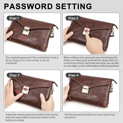 Image of Top Grain Genuine Leather Clutch Wallet for Man & Woman, Handmade Retro Design, Combination Lock & Adjustable Shoulder Strap & Wristlet, Portable Handbag for Cards /Checks /Phone /Banknote, Dark Coffee