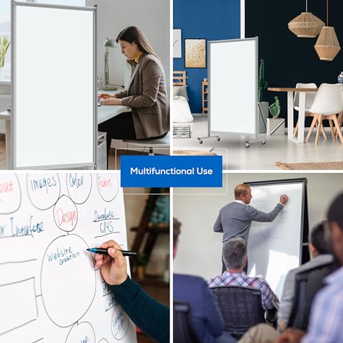 Image of FSE 373-MD4072W Mobile Magnetic Whiteboard Room Divider, 75 inch Tall Double-Sided Board, Sound Proof Partition Wall Divider with Locking Casters, Steel Frame, Ghost-Resistant Surface, White /Silver