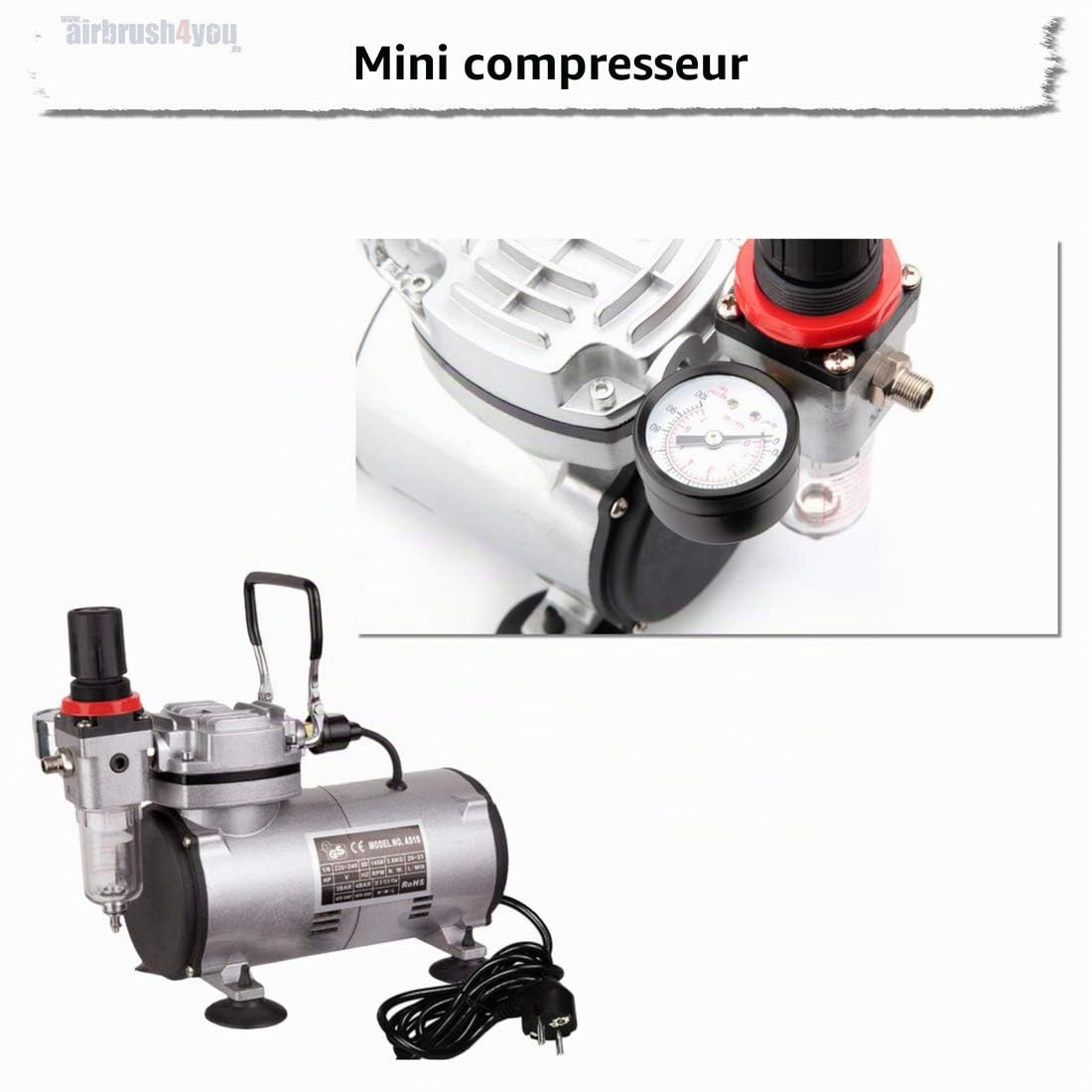 Fengda FD18-2 Aérographe à piston unique sans huile Mini compresseur sans huile à piston unique avec régulateur, piège à humidité pour passe-temps, tatouage, graphiques, etc.